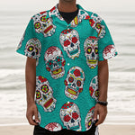 Teal Sugar Skull Pattern Print Textured Short Sleeve Shirt