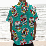 Teal Sugar Skull Pattern Print Textured Short Sleeve Shirt