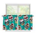 Teal Sugar Skull Pattern Print Tier Curtains