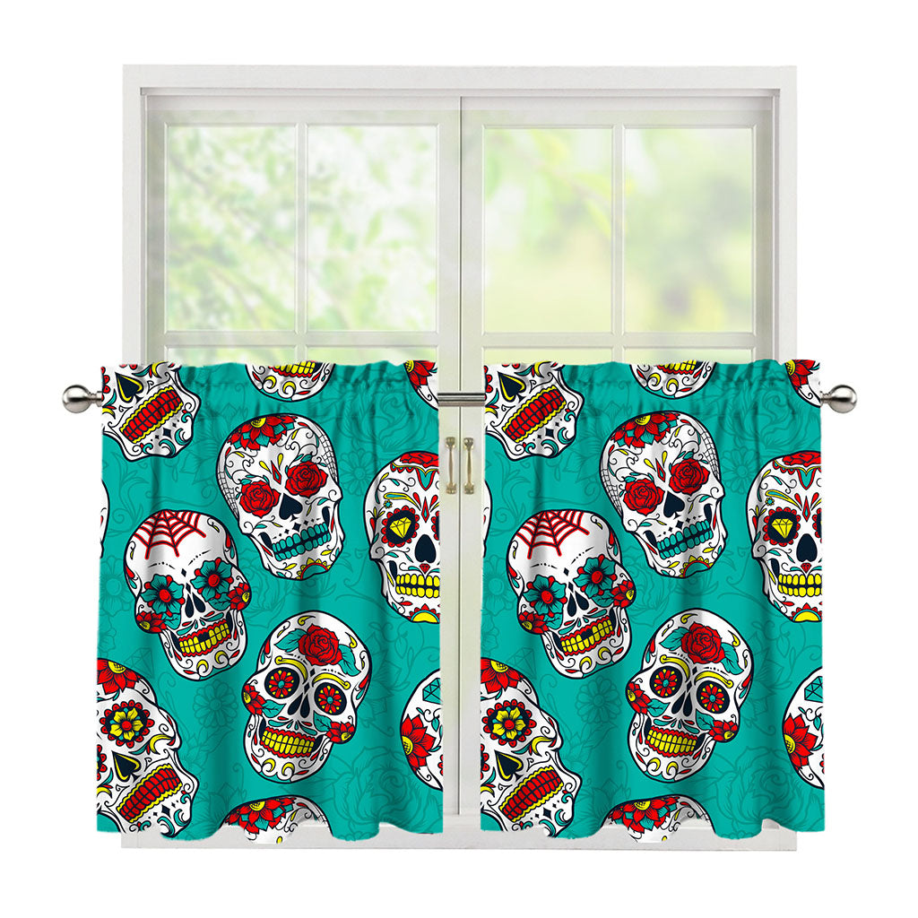 Teal Sugar Skull Pattern Print Tier Curtains