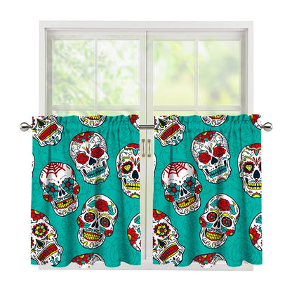 Teal Sugar Skull Pattern Print Tier Curtains