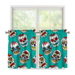 Teal Sugar Skull Pattern Print Tier Curtains