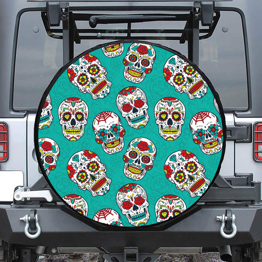 Teal Sugar Skull Pattern Print Tire Cover