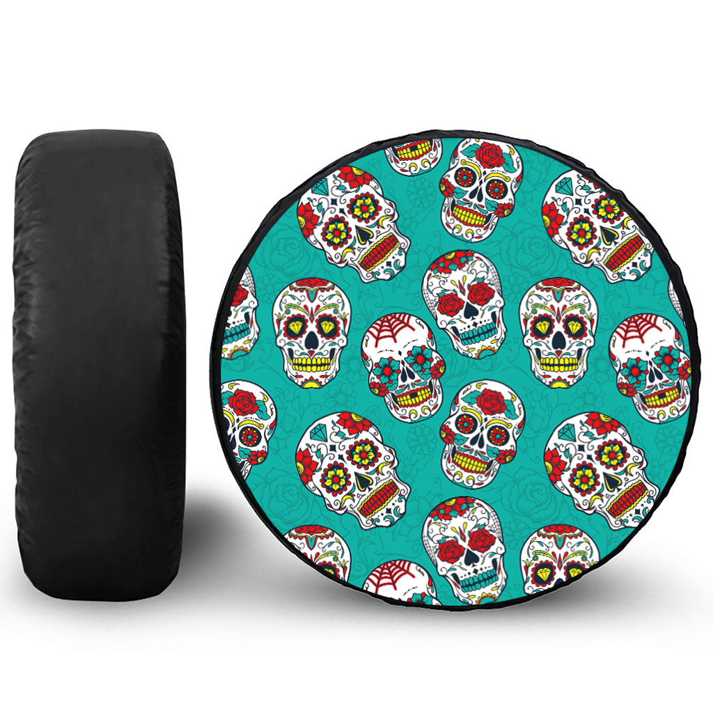 Teal Sugar Skull Pattern Print Tire Cover