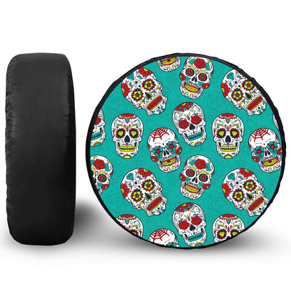 Teal Sugar Skull Pattern Print Tire Cover