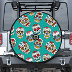 Teal Sugar Skull Pattern Print Tire Cover With Camera Hole