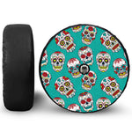 Teal Sugar Skull Pattern Print Tire Cover With Camera Hole