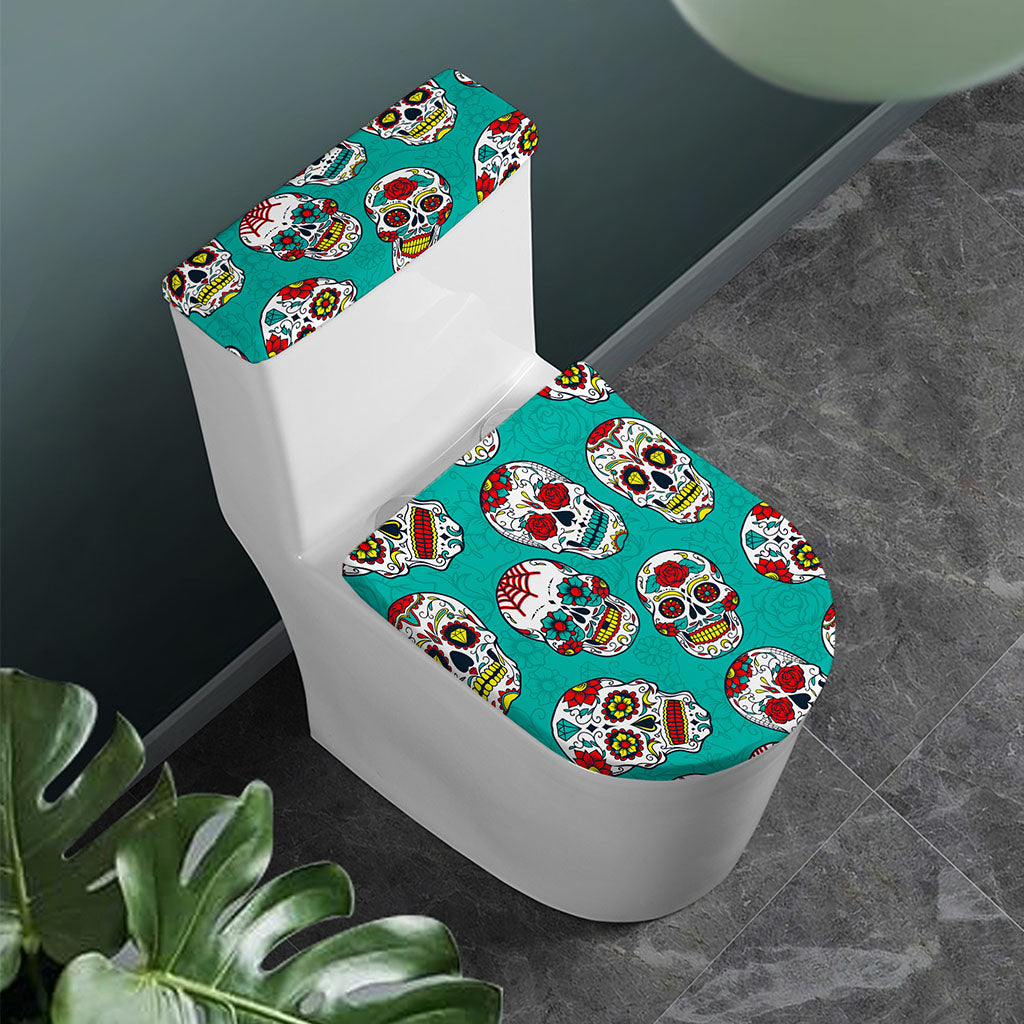 Teal Sugar Skull Pattern Print Toilet Lid And Tank Cover Set
