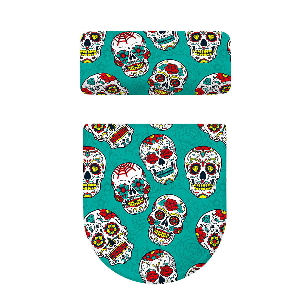 Teal Sugar Skull Pattern Print Toilet Lid And Tank Cover Set