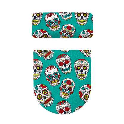 Teal Sugar Skull Pattern Print Toilet Lid And Tank Cover Set