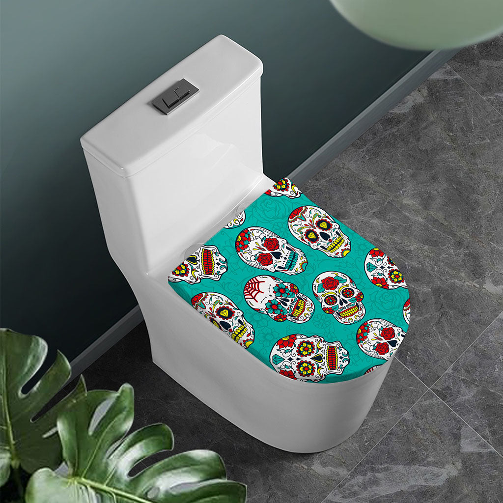 Teal Sugar Skull Pattern Print Toilet Lid Cover