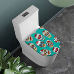 Teal Sugar Skull Pattern Print Toilet Lid Cover