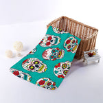 Teal Sugar Skull Pattern Print Towel