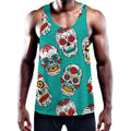 Teal Sugar Skull Pattern Print Men's Workout Tank Top