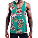 Teal Sugar Skull Pattern Print Training Tank Top