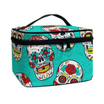 Teal Sugar Skull Pattern Print Travel Makeup Bag