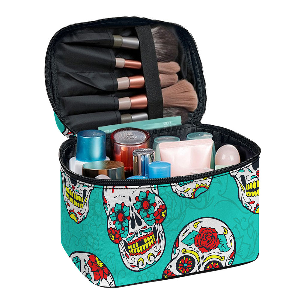 Teal Sugar Skull Pattern Print Travel Makeup Bag
