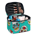 Teal Sugar Skull Pattern Print Travel Makeup Bag