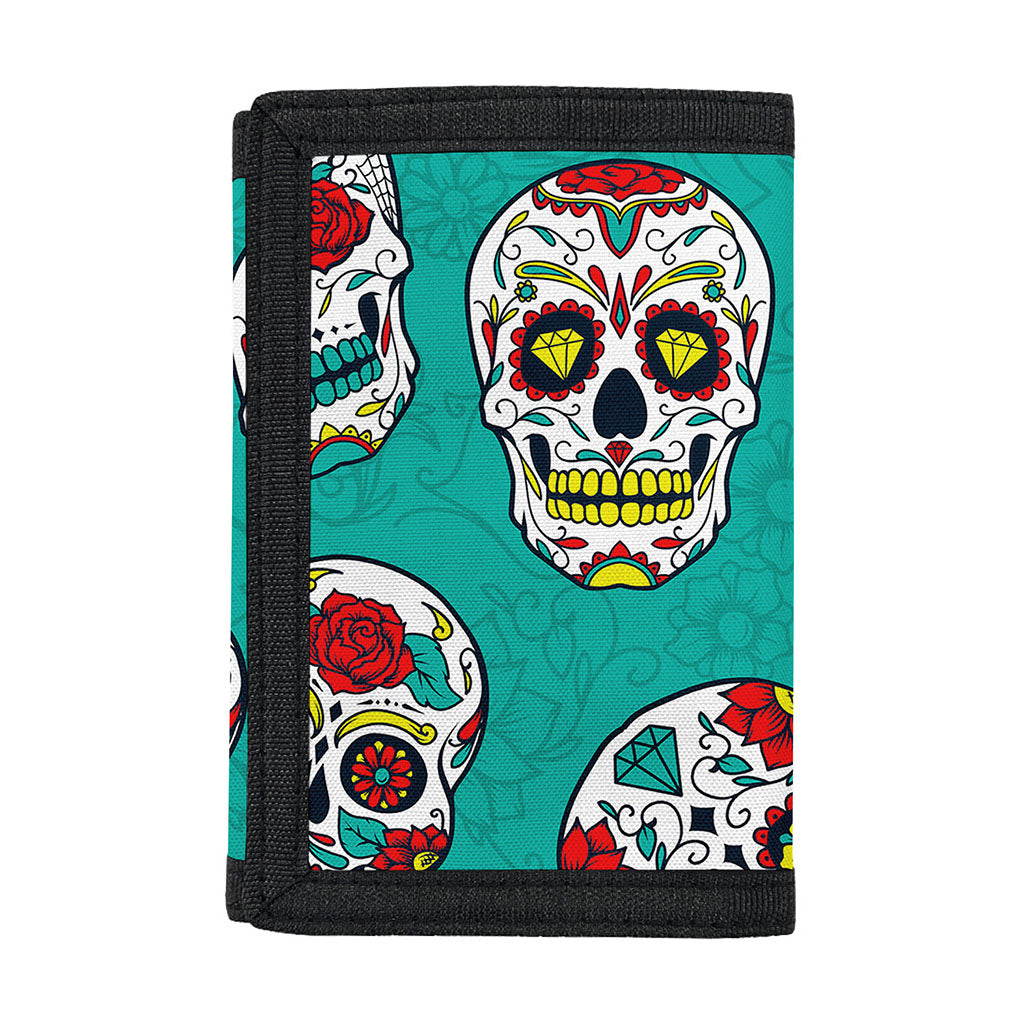 Teal Sugar Skull Pattern Print Trifold Wallet