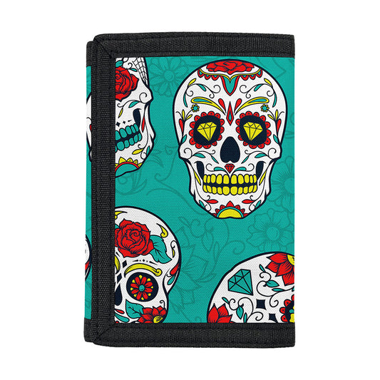 Teal Sugar Skull Pattern Print Trifold Wallet