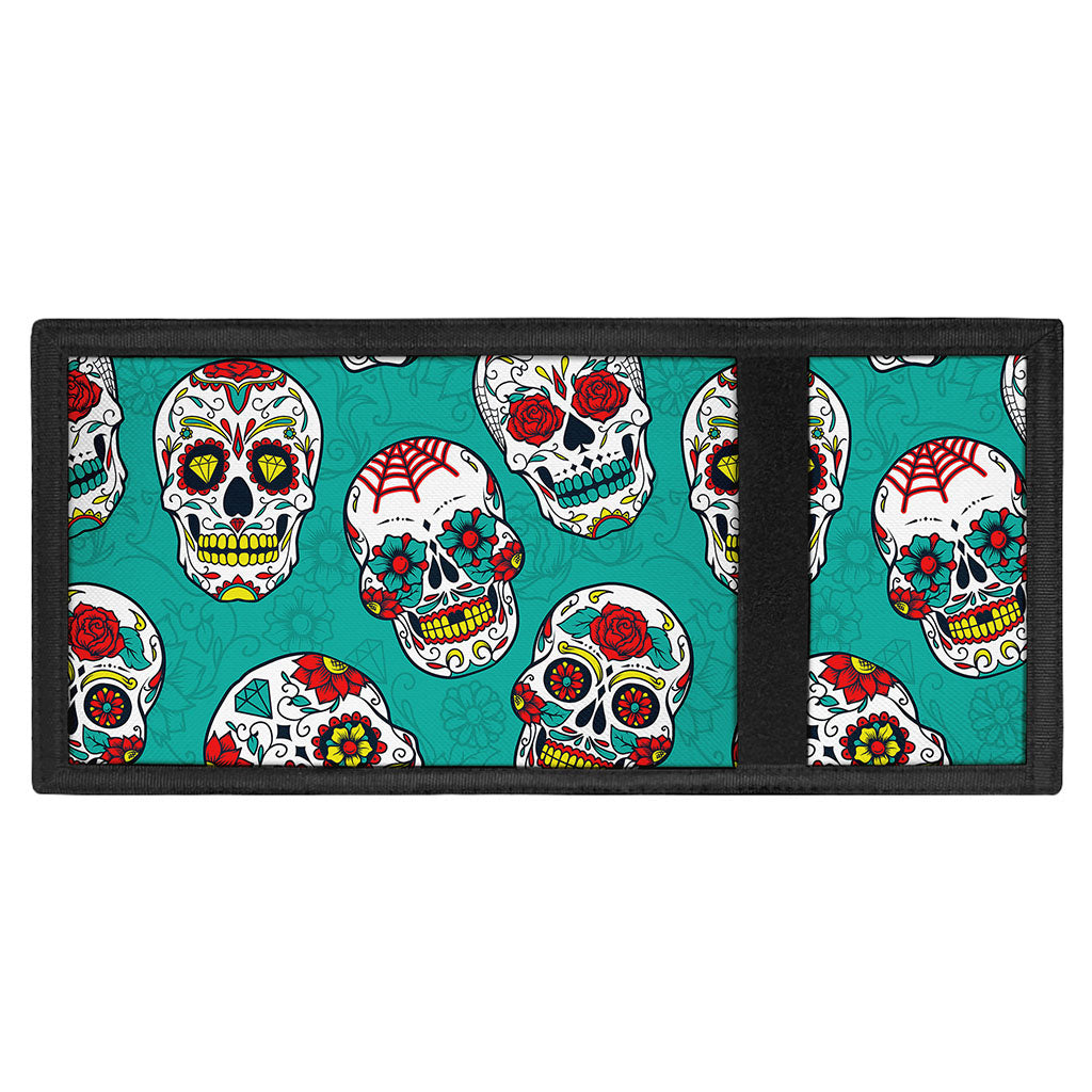 Teal Sugar Skull Pattern Print Trifold Wallet
