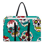 Teal Sugar Skull Pattern Print Utility Tote Bag
