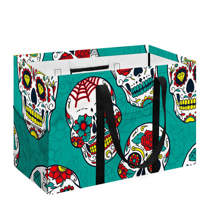 Teal Sugar Skull Pattern Print Utility Tote Bag