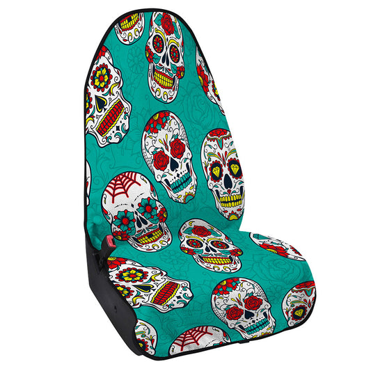 Teal Sugar Skull Pattern Print Waterproof Car Seat Cover