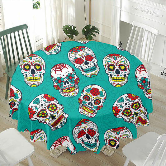 Teal Sugar Skull Pattern Print Waterproof Round Tablecloth