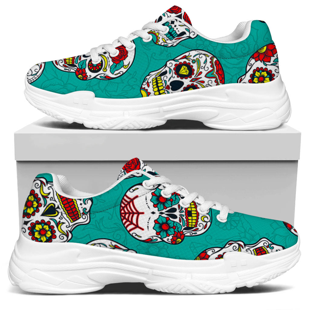 Teal Sugar Skull Pattern Print White Chunky Shoes