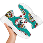 Teal Sugar Skull Pattern Print White Chunky Shoes