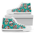 Teal Sugar Skull Pattern Print White High Top Sneakers