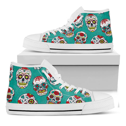 Teal Sugar Skull Pattern Print White High Top Sneakers