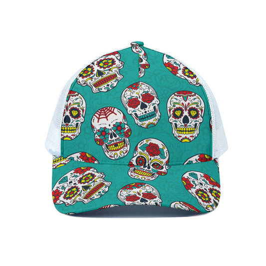 Teal Sugar Skull Pattern Print White Mesh Trucker Cap