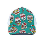 Teal Sugar Skull Pattern Print White Mesh Trucker Cap