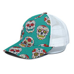 Teal Sugar Skull Pattern Print White Mesh Trucker Cap