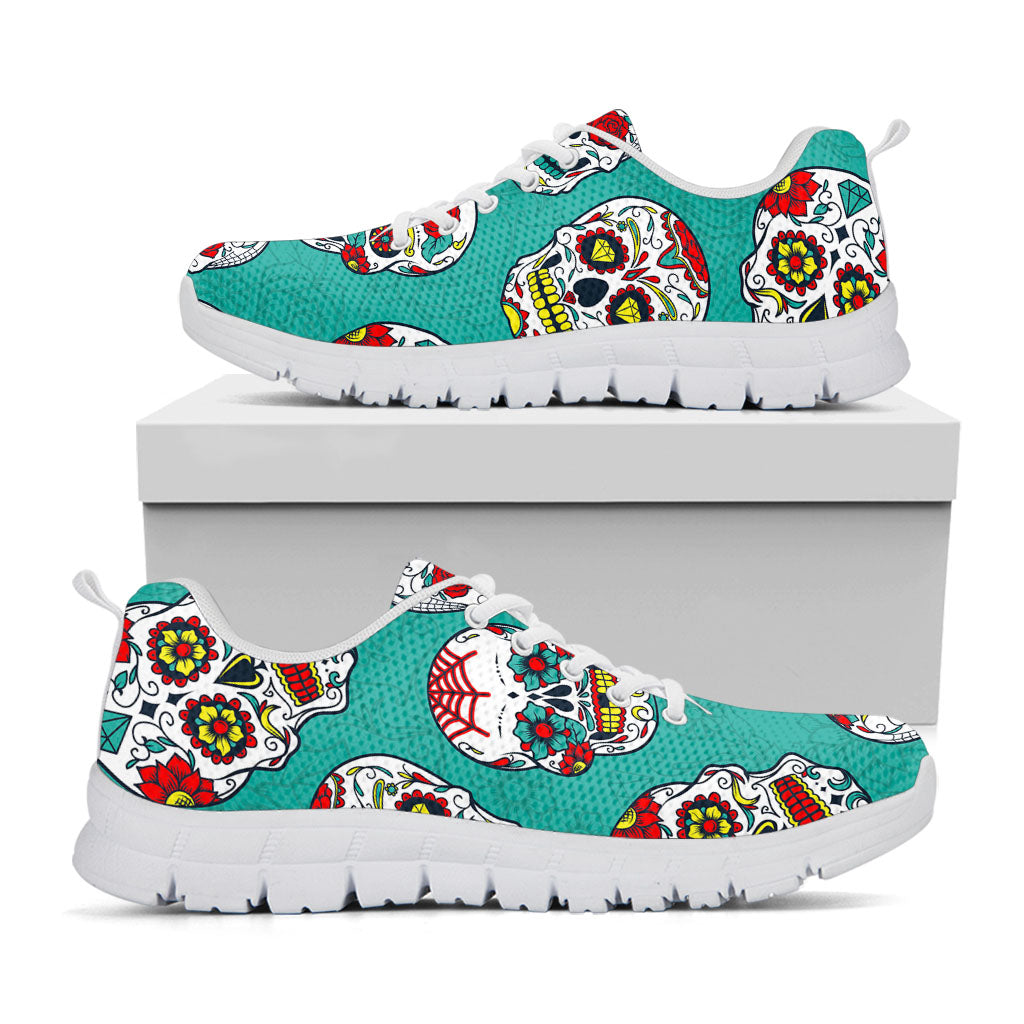 Teal Sugar Skull Pattern Print White Running Shoes