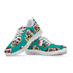 Teal Sugar Skull Pattern Print White Running Shoes