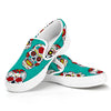 Teal Sugar Skull Pattern Print White Slip On Sneakers