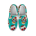 Teal Sugar Skull Pattern Print White Slip On Sneakers