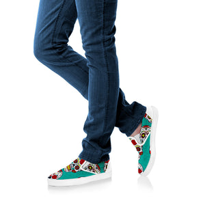 Teal Sugar Skull Pattern Print White Slip On Sneakers