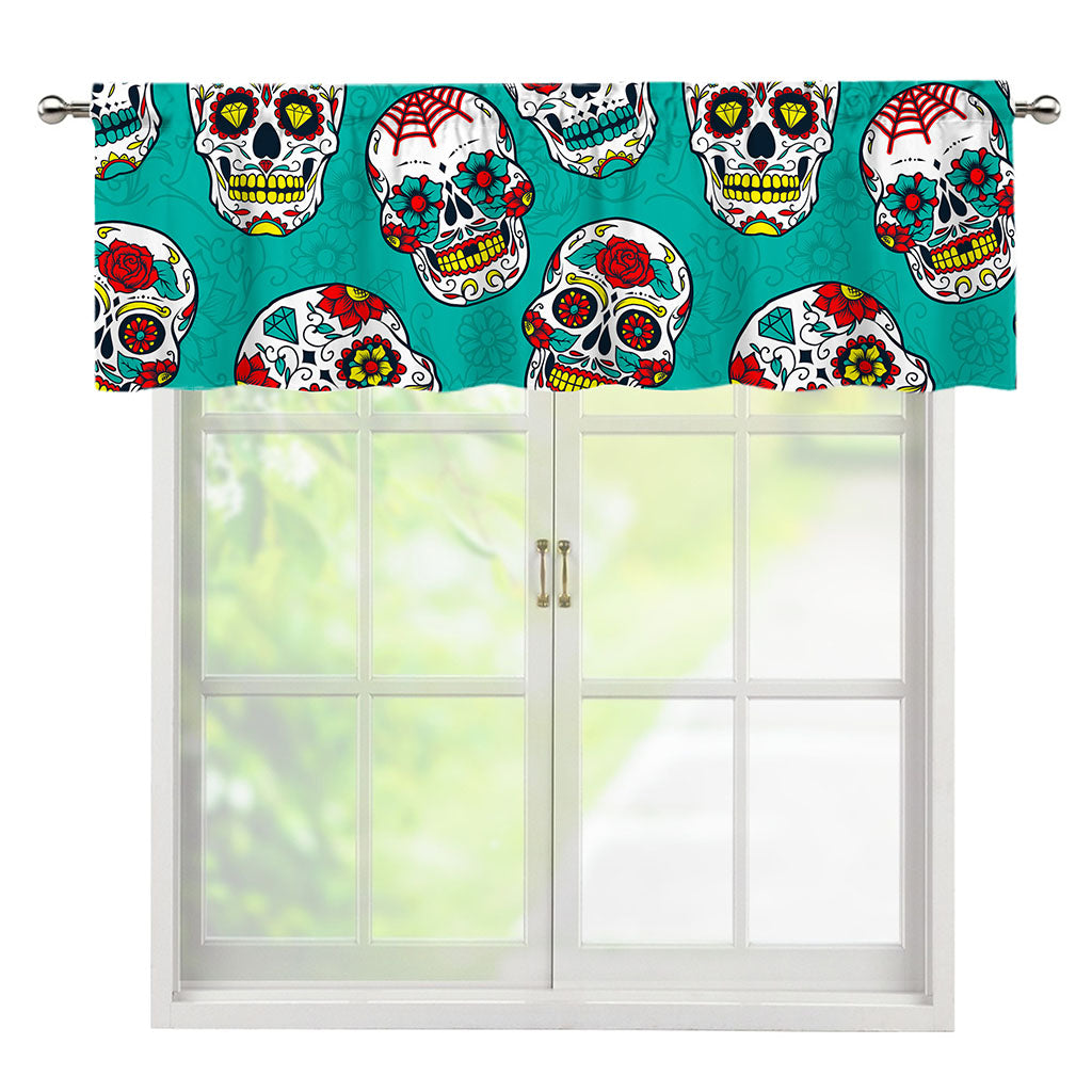 Teal Sugar Skull Pattern Print Window Valance