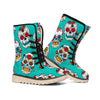 Teal Sugar Skull Pattern Print Winter Boots