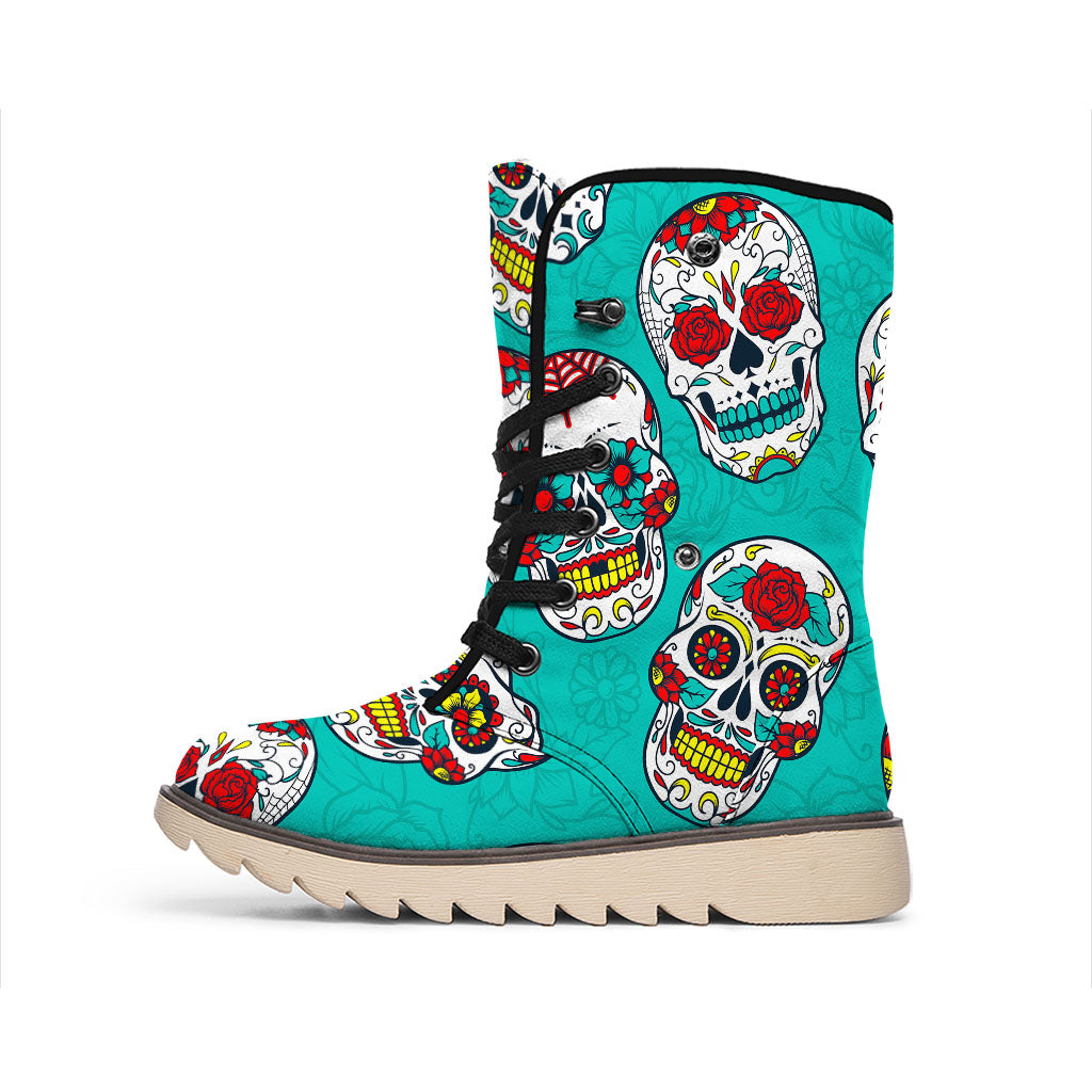 Teal Sugar Skull Pattern Print Winter Boots