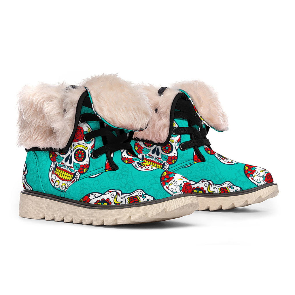 Teal Sugar Skull Pattern Print Winter Boots