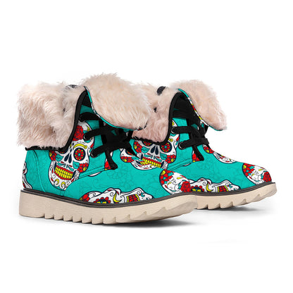 Teal Sugar Skull Pattern Print Winter Boots