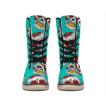 Teal Sugar Skull Pattern Print Winter Boots