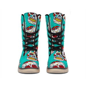 Teal Sugar Skull Pattern Print Winter Boots