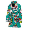 Teal Sugar Skull Pattern Print Women's Bathrobe