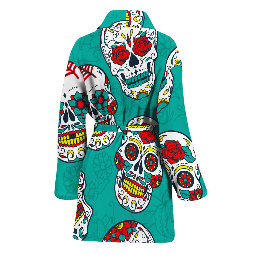 Teal Sugar Skull Pattern Print Women's Bathrobe